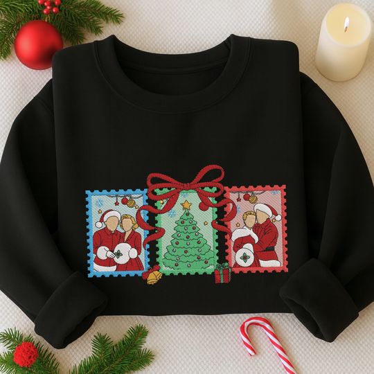 Discover Vintage Christmas Stamp Embroidered Sweatshirt, Retro Postage Stamp Embroidered Shirt, Christmas Santa Tree Shirt, Merry Christmas Hoodie