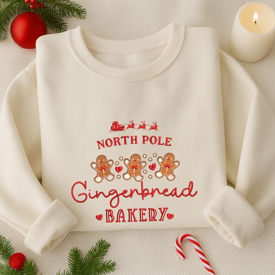 Discover Christmas North Pole Gingerbread Bakery Embroidered Sweatshirt, Christmas Gingerbread And Reindeer Embroidered Shirt, Merry Christmas Shirt