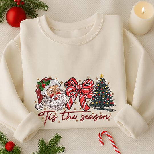 Discover Tis The Season Embroidered Sweatshirt, Christmas Tree Santa Claus Bow Embroidered Shirt, Merry Christmas Shirt, Winter Season Gift