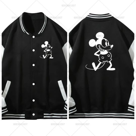 Discover Men's Disney Mickey Mouse Baseball Jacket Women Autumn Winter Fashion Coats Fleece O-Neck Streetwear Casual SPORTS Hoodies TopS