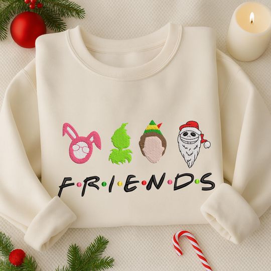 Discover Christmas Movie Embroidered Sweatshirt, Merry Christmas Embroidered Shirt, Santa Friends Hoodie, Winter Season Gift