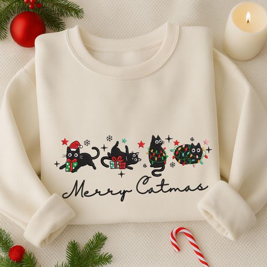 Christmas Black Cat And Lights Embroidered Sweatshirt, Merry Catmas Embroidered Shirt, Merry Christmas Shirt, Cat Lover Gift, Winter Gift
