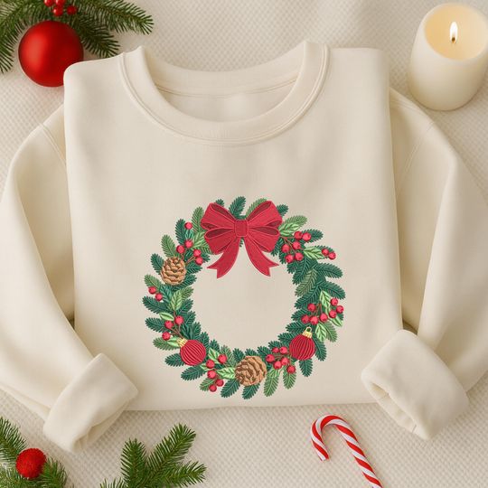Discover Merry Christmas Embroidered Sweatshirt, Christmas Wreath Embroidery Shirt, Merry And Bright Shirt Idea, Winter Holiday Gift