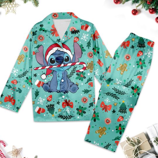 Discover Disney Stitch Santa Hat Christmas Pajamas Set, Lilo And Stitch Pajama Set, Stitch Xmas Party Shirt, Cartoon Magic Kingdom Pyjamas Set