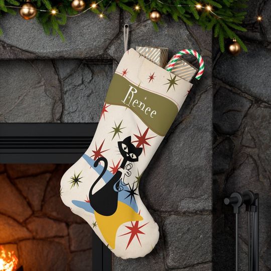 Personalized Atomic Cat Santa Stocking, Custom Mid Century Modern Starburst Christmas Stocking