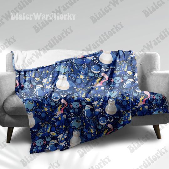 Blue Anime Blanket Cozy Blanket- Sn Lax, Wooper, Greninja, Lucario, Meowstic, Whiscash, Blue Voltorb - Blue Style Throw Soft Plush Blanket