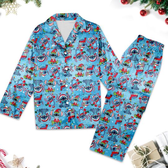 Discover Stitch Christmas Light Pajamas, Merry Stitchmas Pajama Set, Lilo And Stitch Pyjamas, Stitch Santa Hat Xmas Party Shirt, Magic Kingdom Gift
