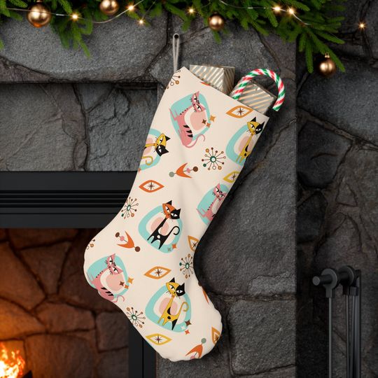 Atomic Kitschy Cat Vintage Christmas Stocking with Diamond Starburst Pattern