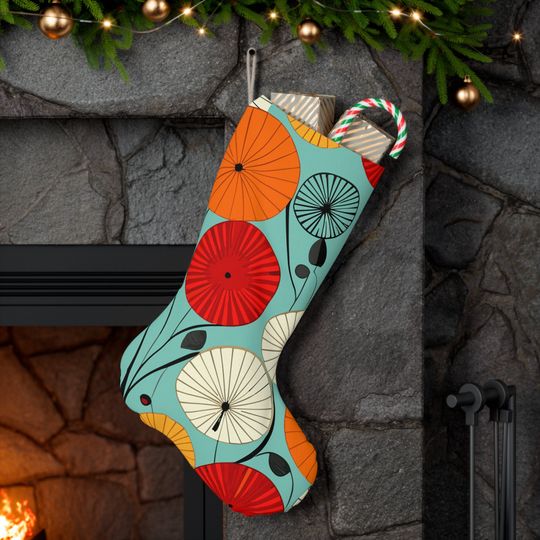 Retro 1950s Abstract Lotus Christmas Stockings, Mid Century Modern Geometric Teal Orange Red Yellow Mantle Decoration