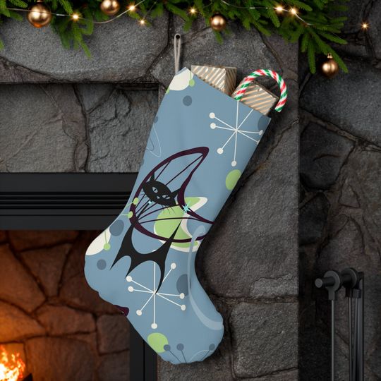 Retro Atomic Cat Christmas Stocking, Mid Century Modern Boomerang Starburst Holiday Decor