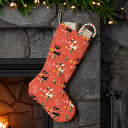 Atomic Cat Santa Stocking, Retro Starburst Christmas Stocking, 1950s Vintage Style Holiday Decor