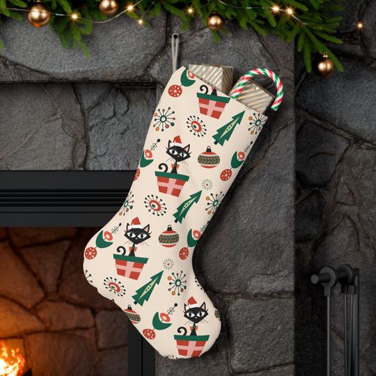 Atomic Cats Christmas Stocking with Retro Starburst Design, Vintage 1970s Holiday Decor
