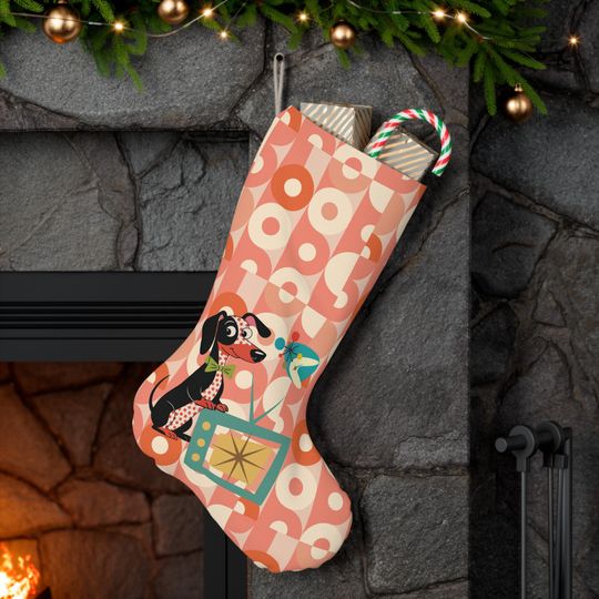 Retro Dachshund Christmas Stocking, Mid Century Modern Doxie Wiener Dog Fireplace Decor