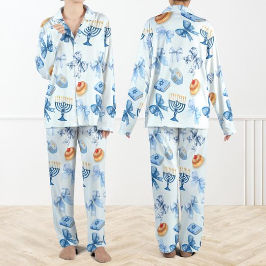 Coquette Hanukkah Silky Pajama Set For Family, Blue Menorah PJs, Jewish Holiday Sleepwear, Dreidel Christmas PJs, Cozy Hanukkah Gift