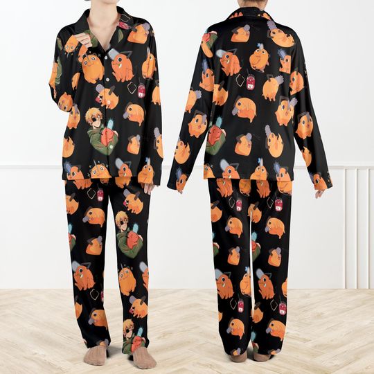 Discover Pochiita Contrast Anime Pajamas Set For Women And Kids, Chainsaw Sleepwear Set, Cute Kawaii Pochiita Nightwear, Cozy Anime Gift for Fans
