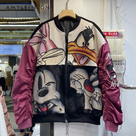 Discover Fashion Kawaii Long Sleeves Jaquetas Women's Spring New Heavy Industry Embroidered Baseball Jersey Oversized Short O-neck Jacket