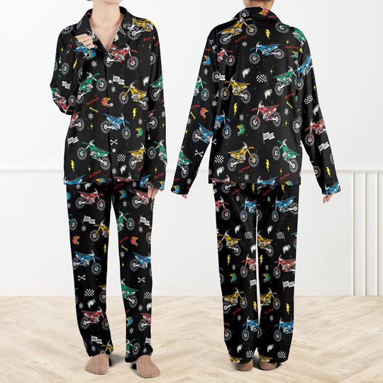 Discover Custom Name Dirt Bike Christmas Pajamas Set, Motocross Pajama Set, Dirt Bike Sleepwear, Racing Biker PJs, Cool Motorcycle Print Lounge Set