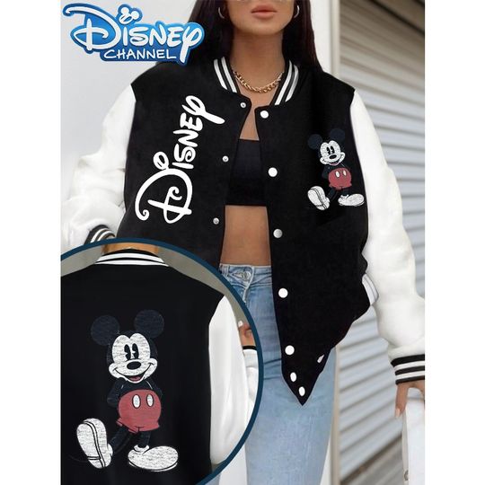 Discover Disney Black Mickey Mouse Letter Jacket Baseball Jacket Women's Y2K Autumn/Winter Top Casual Unisex Streetwear