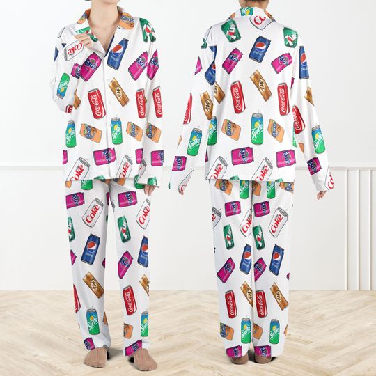 Soda Drinks Group Pajamas Set For Women And Kids, Soda Can Pajama Set, Retro Coke Pepsi Sprite Sleepwear, Funny Soft Drink PJs