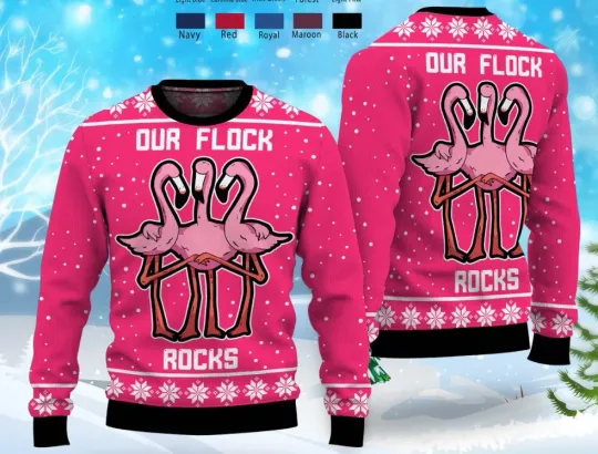 Discover BG Our Flock Rock Christmas Ugly Sweater, Flamingos Christmas Sweater, Flamingo