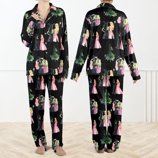 Black Wicked Print Pajama Set For Women, Enchanted Princess Witch Pajamas, Dark Fairy Tale Sleepwear, Magical Fantasy PJs