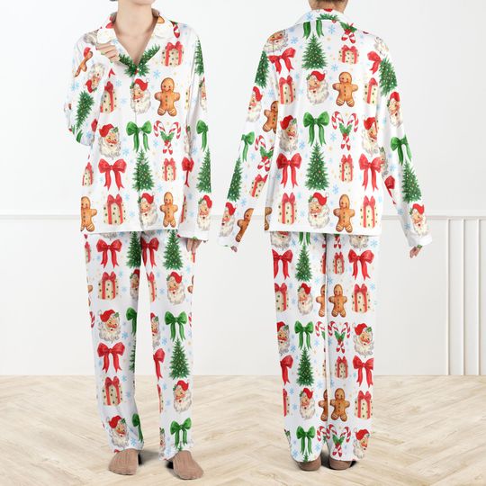 Discover Coquette Christmas Pajama Set For Women Anh Kisd, Christmas Pajamas, Santa Gingerbread Tree Holiday Sleepwear Set