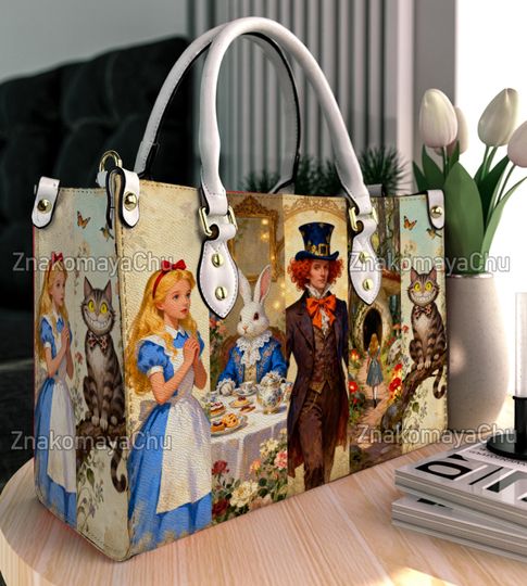 Discover Alice in Wonderland Leather Handbag, Alice in Wonderland Shoulder Bag, Vintage Crossbody Bag, Top Handle Bag