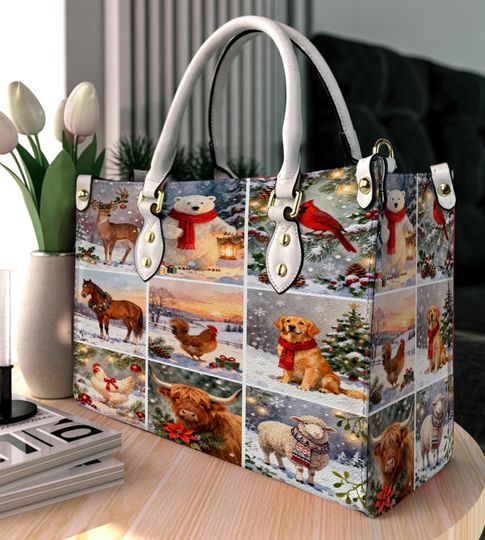 Discover Animal Highland Cow, Reindeer, Farm Chicken Christmas Personalized Leather Handbag, Christmas Shoulder Bag, Crossbody Bag, Top Handle Bag