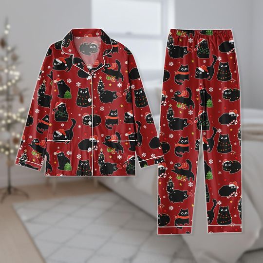 Cat Lover Christmas Pajamas, Cute Black Cat Xmas Pajama Set, Festive Matching Pajamas Set, Holiday Gift