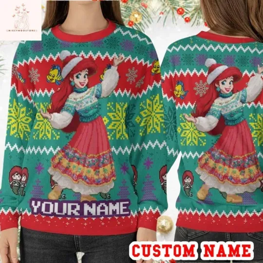 Discover Disney Ariel The Little Mermaid Christmas Sweater, Custom Name Ugly Christmas Sw