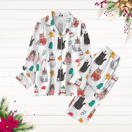 Discover Christmas Cat Pajamas Set, Meowy Christmas Shirt, Merry Catmas Holiday Pajamas, Xmas Tree Lights Pjs, Animal Xmas Pajamas, Cat Mom Gift