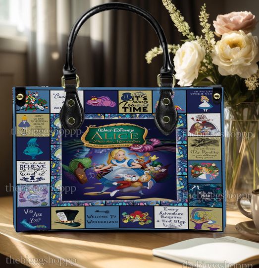 Alice in Wonderland Leather Handbag, Alice in Wonderland Woman Shoulder Bag, Christmas Vintage Crossbody Bag, Top Handle Bag