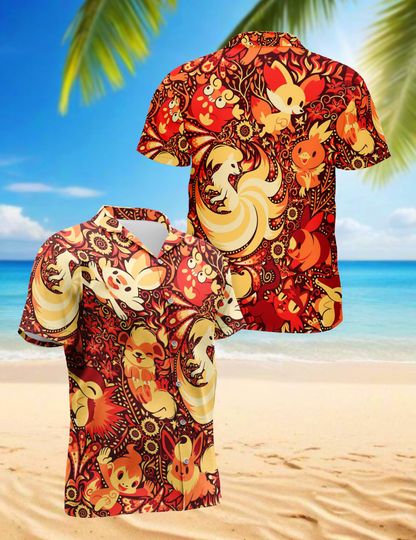 Discover Summer Hawaiian Pocket Shirt Fire Type Orange Casual Menswear