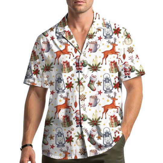 Discover Christmas Santa Reindeer Hawaiian Shirt for Men, Women, Youth with Lantern & Gift Print