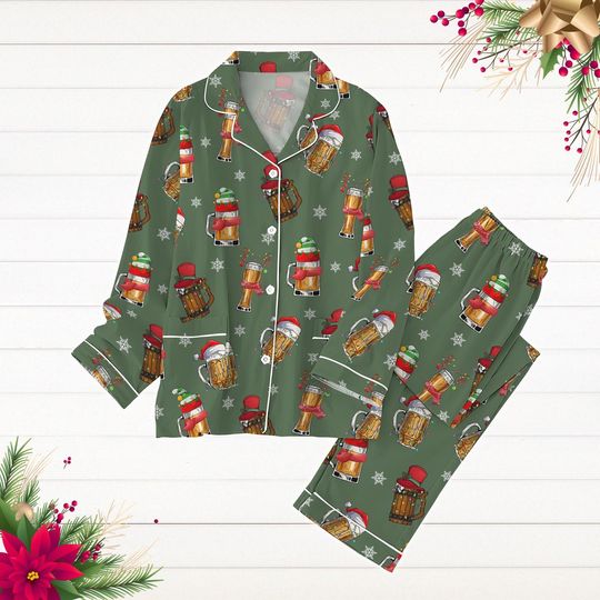 Merry Christmas Beers Pajamas Set, Christmas Drinking Shirt, Santa Beer Xmas Lights Pyjamas, Pajamas For Party, Long Sleeve Pajamas