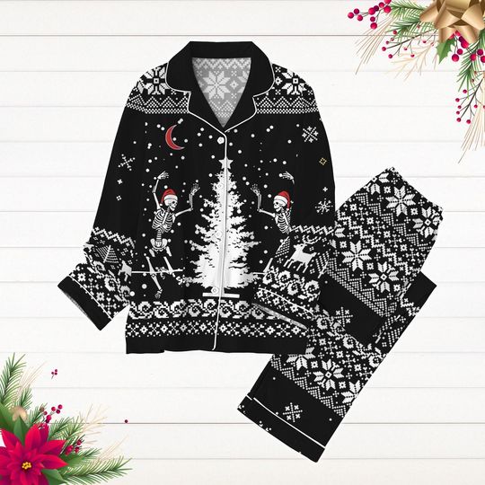 Christmas Dancing Skeleton Pajamas Set, Skull Christmas Tree Shirt, Spooky Holiday Pajamas, New Year Shirt, Pajamas For Party