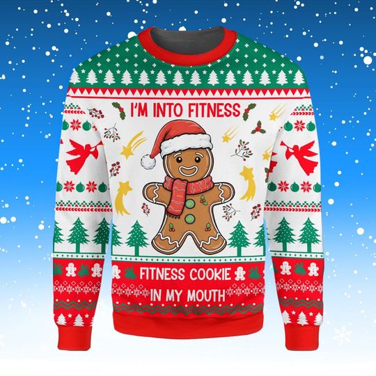 Discover Fitness Gingerbread Christmas Sweatshirt for Men Women, Funny Cookie Holiday Sweater, Red Green Festive Ugly Sweater