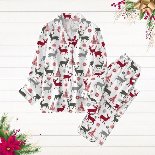Reindeer Christmas Pajamas Set, Reindeer Pattern Holiday Shirt, Deer Xmas Pajamas, Pajamas For Party, Winter Season Gift For Family