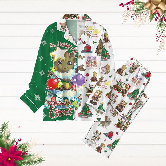 Christmas Groot Pajamas Set, Baby Groot Holiday Pajamas, Guardians Of The Galaxy Shirt, Christmas Tree Lights Pjs, Xmas Party Gift