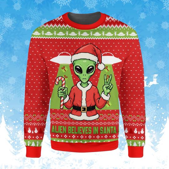 Discover Funny Alien Santa Christmas Sweater, Space UFO Holiday Sweatshirt, Ugly Xmas Party Outfit for Men and Women