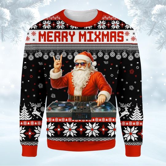 Discover Fake Ugly Christmas Sweater Merry Mixmas DJ Santa, Funny Music Lover Xmas Sweatshirt, Holiday Party Pullover