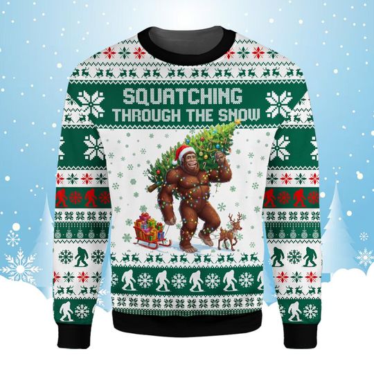 Discover Bigfoot Christmas Sweatshirt for Men and Women, Funny Sasquatch Holiday Pullover, Ugly Snowman Sweater