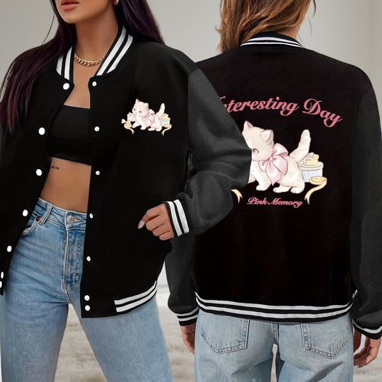 Discover Elegant Little Cat Interesting Day Print Woman Jacket Loose Hip Hop Baseball Uniform Fleece Button Sportswear Autumn Clothes