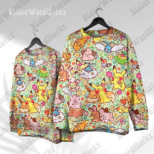 Anime Peaceful Meadow Hoodie Sweatshirt - Clefairy, Igglybuff, Fennekin, Torchic, and Sentret - Anime Sweatshirt Shirt - Video Game Fans