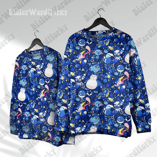 Blue Anime Hoodie Sweatshirt - Sn Lax, Wooper, Greninja, Lucario, Meowstic, Whiscash & Voltorb - Video Game Fans