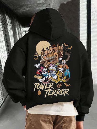 Discover Mickey And Other Characters Gathered TOWER OF TERROR Pattern Print Pullover Fashion Trendy Hooded Sweatshirt Long-Sleeved Hoodie