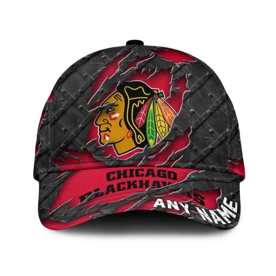 Discover Chicago Blackhawks Personalized Name Black Metal Design Classic Cap