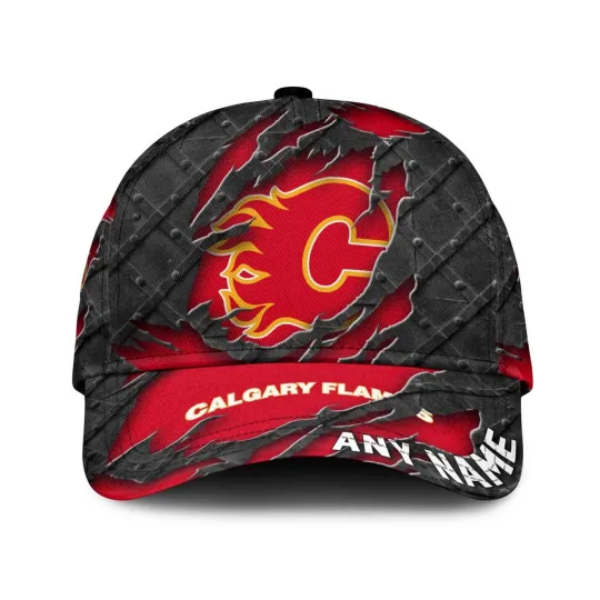 Calgary Flames Personalized Name Black Metal Design Classic Cap