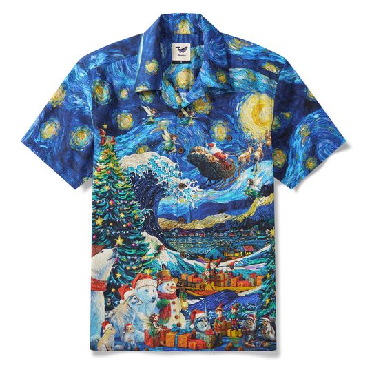 Discover Van Gogh Starry Night Christmas Hawaiian Shirt: Cotton Aloha Holiday