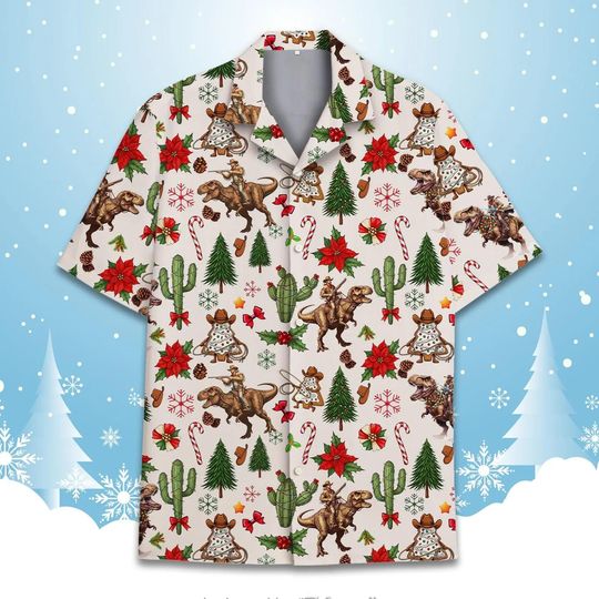 Discover Cowboy Riding Dinosaur Christmas Hawaiian Shirt, T-Rex Dino Rider Aloha Top, Funny Western Rodeo Xmas Party Gift